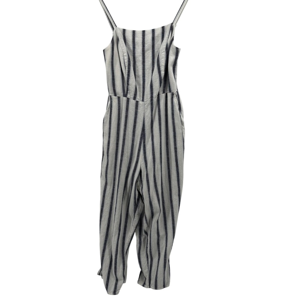 Old Navy Women Linen Blend Striped Wide Leg Jumpsuit Blue White Size M Coastal